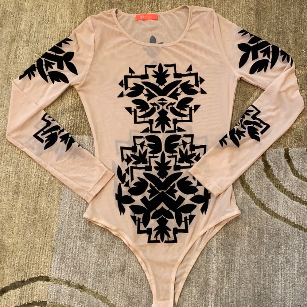 ~Banjul~ Velour Appliqué Nude Illusion Bodysuit